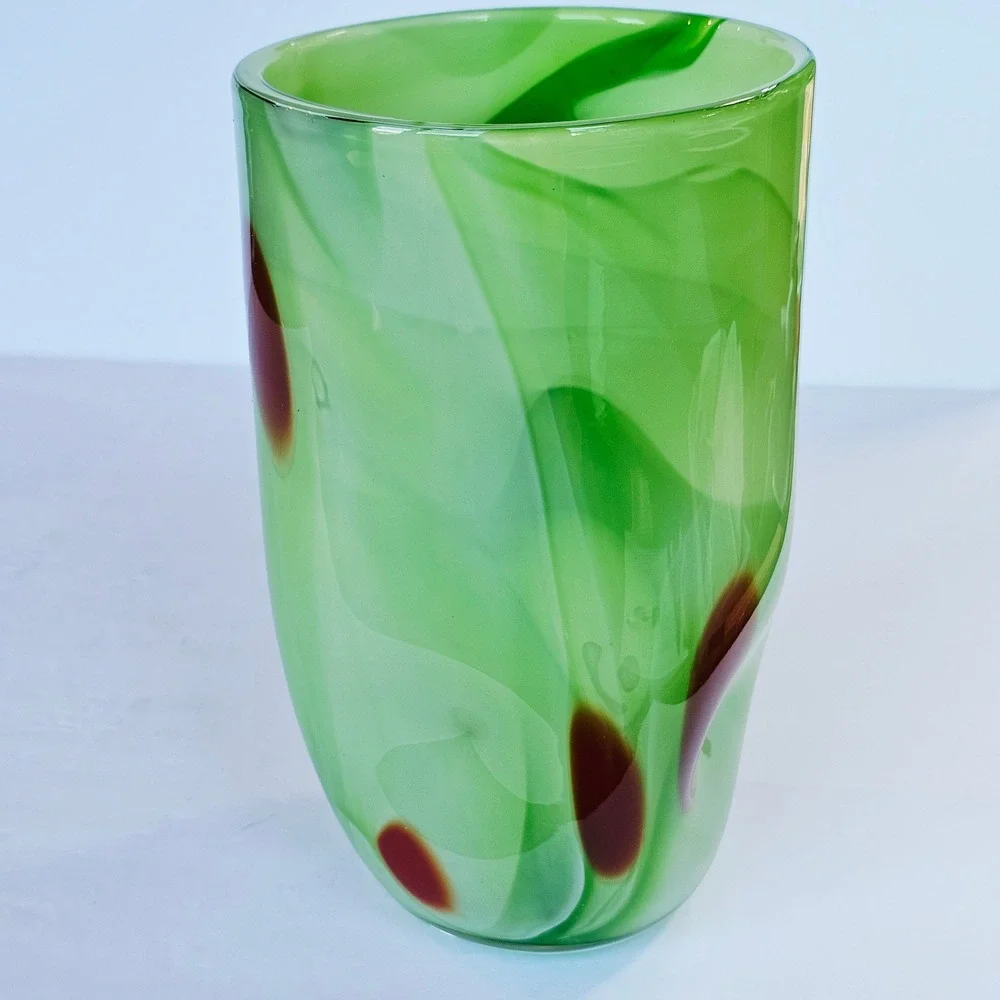 Vintage MCM Hand Blown Art Glass Vase Green Swirl Red Spotted Eclectic Artistic